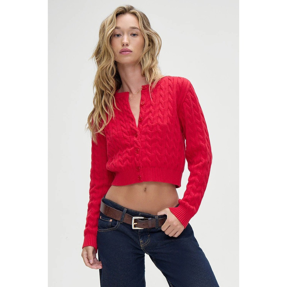 Frankies Bikinis Dudley Cable Knit Sweater Womens M Red Cropped Beach Layering - Picture 2 of 10